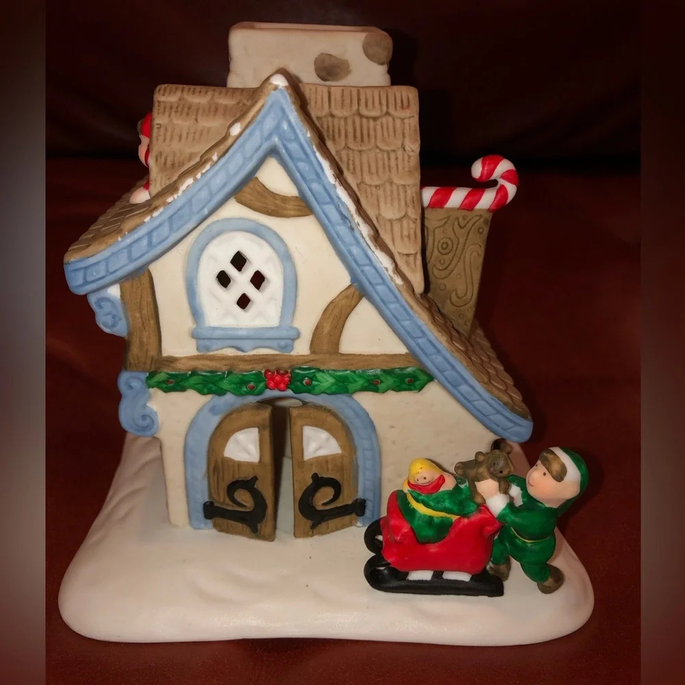 Vintage PartyLite Santa’s Workshop Tea Light Candle Holder Elves 1990s Christmas